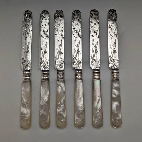 1880年 英国アンティーク 白蝶貝ハンドル デザートカトラリー6ペアセット William Batt and Sons 木箱入り