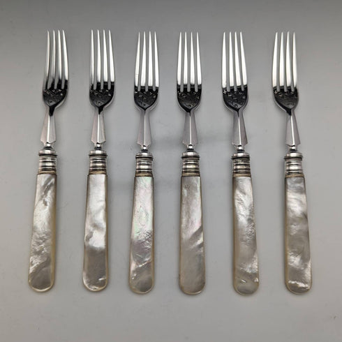 1880 British antique white butterfly shell handle dessert cutlery 6 pair set William Batt and Sons wooden box