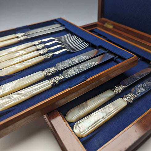 Around 1870 British Antique White Pearl Shell Handle Dessert Cutlery 8 Pair Set in Wooden Box
