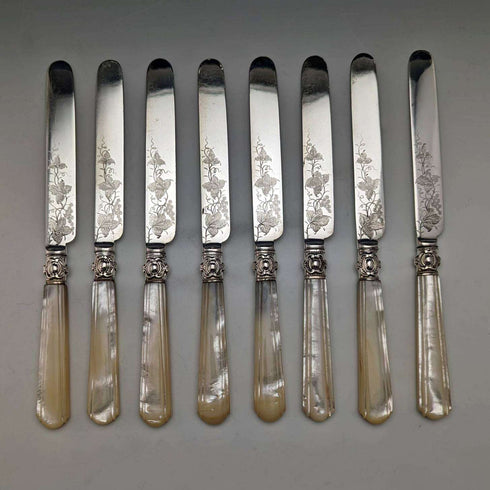 Around 1870 British Antique White Pearl Shell Handle Dessert Cutlery 8 Pair Set in Wooden Box