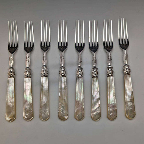 Around 1870 British Antique White Pearl Shell Handle Dessert Cutlery 8 Pair Set in Wooden Box