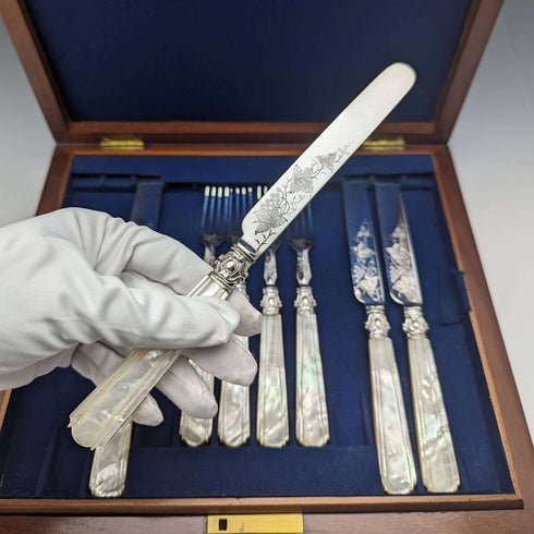 Around 1870 British Antique White Pearl Shell Handle Dessert Cutlery 8 Pair Set in Wooden Box