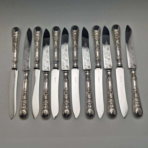 維多利亞晚期英國古董銀盤甜點餐具 12 對套裝木盒
