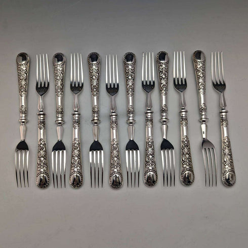 維多利亞晚期英國古董銀盤甜點餐具 12 對套裝木盒