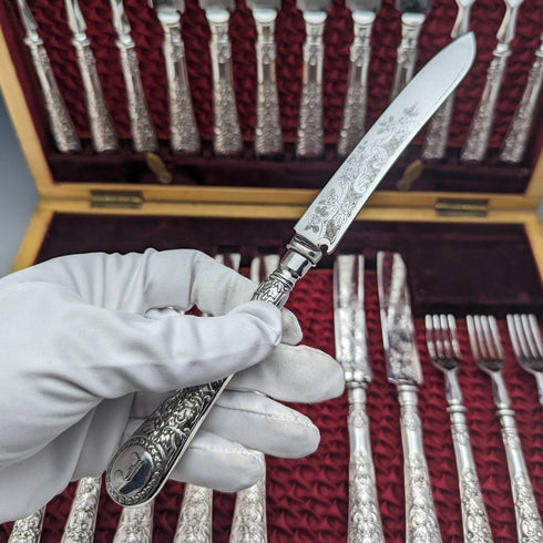 Late Victorian British antique silver plate dessert cutlery 12 pair set in wooden box