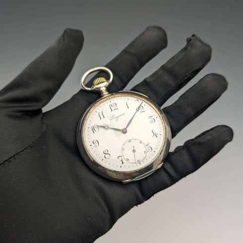 Around 1911 Antique Longines pocket watch Niello decorated silver side case Works well