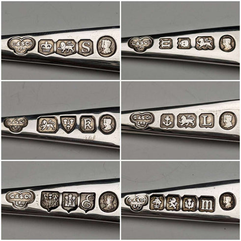 Juego de 6 cucharillas de té de plata de ley vintage británicas de 1935 con marcas múltiples, en estuche