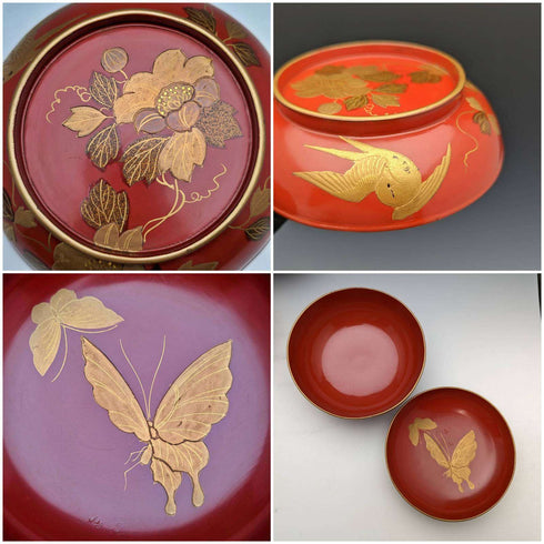 Antigüedad japonesa, periodo Meiji, Kioto, cuencos para sopa con tapa de laca, set de 5 piezas