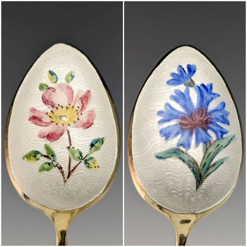 1958年 英国ヴィンテージ 純銀製 金メッキ&エナメル花装飾 ティースプーン6本セット ケース入