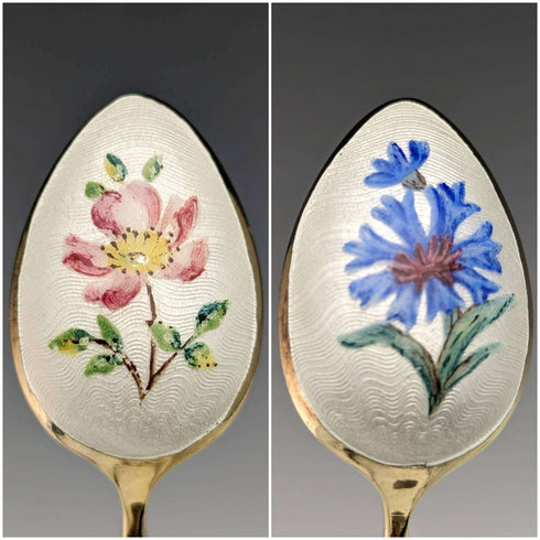 1958年 英国ヴィンテージ 純銀製 金メッキ&エナメル花装飾 ティースプーン6本セット ケース入
