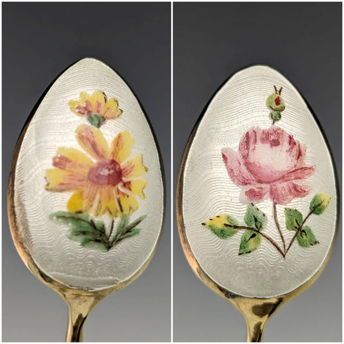 1958年 英国ヴィンテージ 純銀製 金メッキ&エナメル花装飾 ティースプーン6本セット ケース入