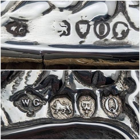 【お取り置き中】1890年頃 英国アンティーク 純銀製ハンドル 大型ブラシペア 浮き彫り彫刻 Comyns