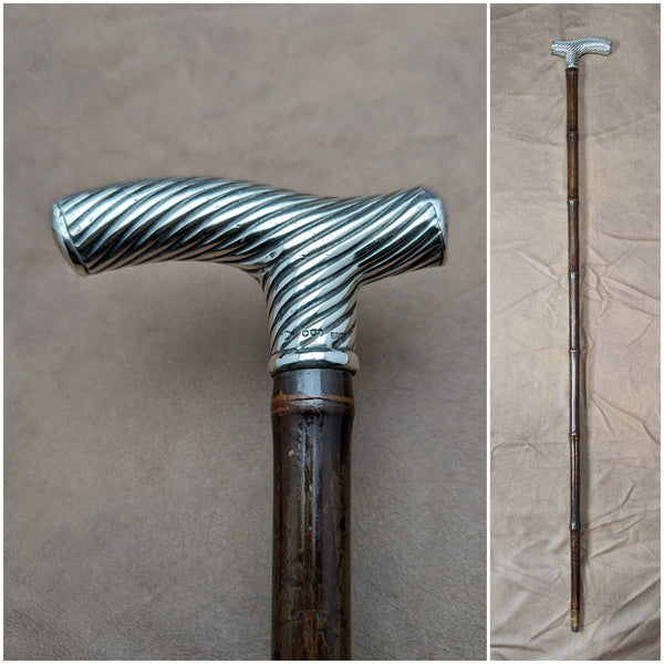 1890 British Antique Men's Walking Stick Pure Silver Derby Handle 92cm