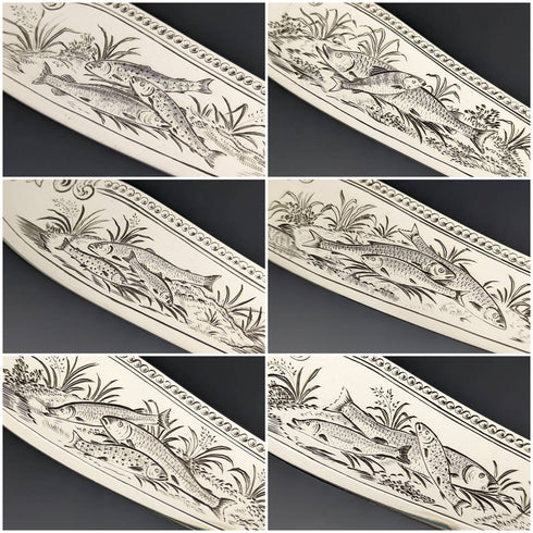 1870年 英国アンティーク 純銀製 フィッシュカトラリー 6ペアセット 箱入り William Marshall